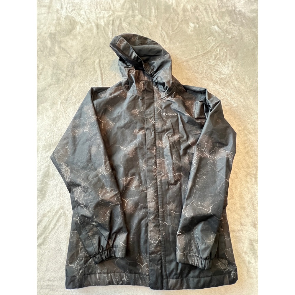 Columbia Rain Jacket Boys Large L Grey Marble Lightning Print Omni-Tech